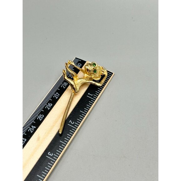 Vintage Gold Tone Monkey Brooch with Green Rhinestone Eyes & Movable Tail - Picture 5 of 5